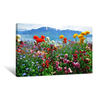 Image of Colorful Flowers With Lake And Mountains On Background Canvas Print
