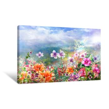 Image of Abstract Colorful Flowers Watercolor Painting  Spring Multicolored In  Nature Canvas Print