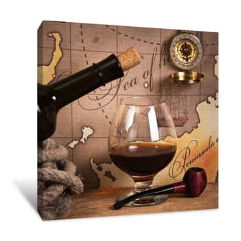 Image of Old Maps With Wine Glass & Bottle Canvas Print