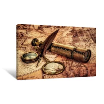 Image of Old Map With Quil Pen And Telescope Canvas Print