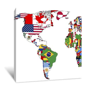 Image of Old Political Map Of World With Country Flags Canvas Print