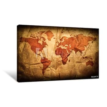 Image of Antique World Map In Grunge Wooden Frame Canvas Print