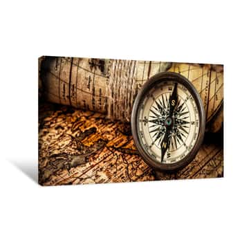 Image of Old Vintage Compass On Ancient Map Canvas Print