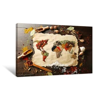 Image of Map Of World Made From Different Kinds Of Spices Canvas Print