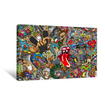 Image of Music Collage With Famous Icons On A Large Brick Wall, Graffiti Canvas Print