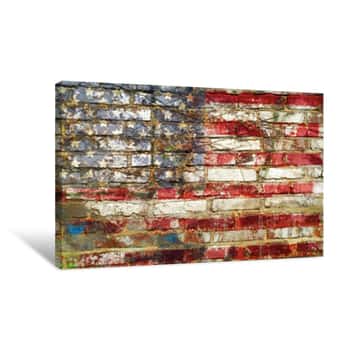 Image of Grungy American Flag On Weathered Brick Wall, Fictional Design Canvas Print