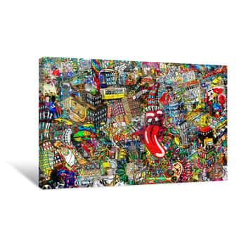 Image of Graffiti, City, An Illustration Of A Large Collage, With Houses, Cars And People Canvas Print