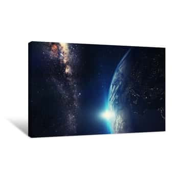 Image of Blue Sunrise, View Of Earth From Space With Milky Way Galaxy Canvas Print