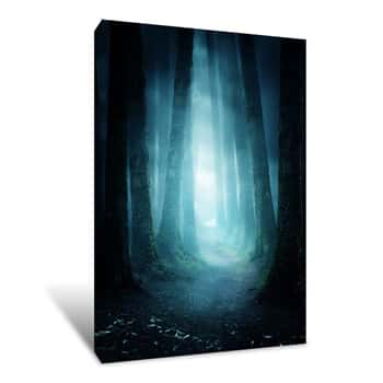 Image of A Pathway Between Trees Leading Into A Dark And Misty Forest  Photo Composite Canvas Print