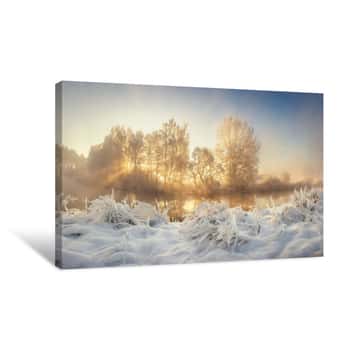 Image of Winter Nature Landscape At Sunrise  Frosty Trees In Morning Sunlight  Christmas Background Canvas Print
