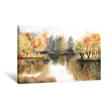 Image of Watercolor Autumn Landscape With Trees On Islands And Their Reflections In A Lake Canvas Print