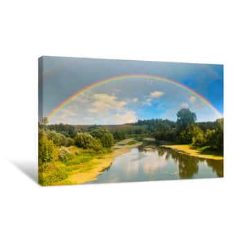 Image of Bright Double Rainbow In The Sky With Clouds Above The Forest And The River Canvas Print