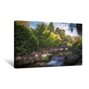 Image of Idyllic Picturesque Landscape With Waterfall And Beautiful Stone Bridge  English River Scene Canvas Print