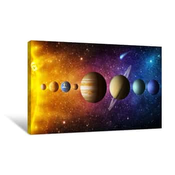 Image of Solar System Planet, Comet, Sun And Star  Elements Of This Image Furnished By NASA  Sun, Mercury, Venus, Planet Earth, Mars, Jupiter, Saturn, Uranus, Neptune   Science And Education Background Canvas Print