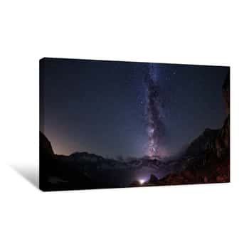 Image of The Outstanding Beauty Of The Milky Way Arc And The Starry Sky Captured At High Altitude In Summertime On The Italian Alps, Torino Province  Fisheye Scenic Distortion And 180 Degree View Canvas Print