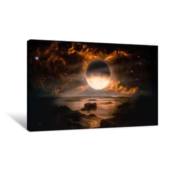 Image of Landscape In Fantasy Alien Planet With Flaming Moon And Galaxy Background  Elements Of This Image Furnished By NASA Canvas Print