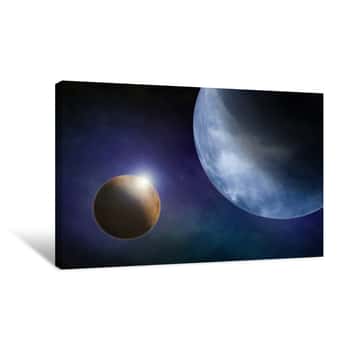 Image of Earth Type Planet Background In Outer With A Lens Flare From Its Moon Canvas Print