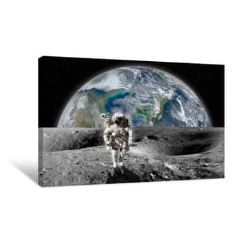 Image of Astronaut On The Moon  Planet Earth In Background  Elements Of This Image Furnished By NASA Canvas Print
