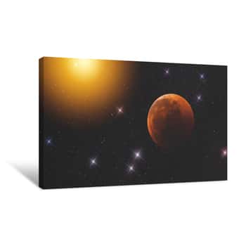 Image of Planet In Open Space Against The Backdrop Of An Endless Array Of Stars And Galaxies Of Our Universe Lighting Up The Glare Of The Sun  The Moon In Space Canvas Print