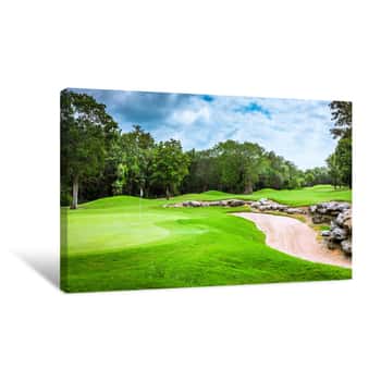 Image of Golf Course Green with Bunker and Rocks Canvas Print