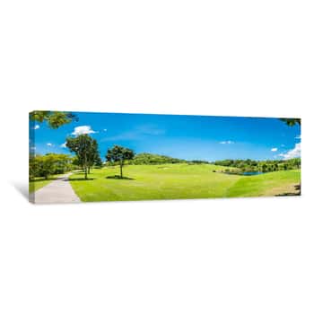 Image of Green Grass And Trees At Golf Course With Blue Cloud Sky Background Canvas Print
