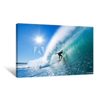 Image of Surfer On Blue Ocean Wave Blue Sky Canvas Print