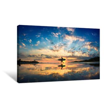 Image of Sun Surfer  A Man Is Walking With A Surf In His Hands Across The Sea Shore Canvas Print