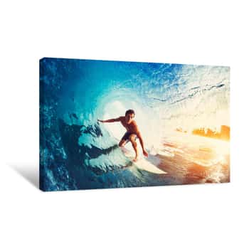 Image of Surfer On Blue Ocean Wave    Canvas Print