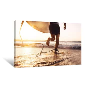Image of Man Surfer Run In Ocean With Surfboard  Active Vacation, Health Lifestyle And Sport Concept Image Canvas Print