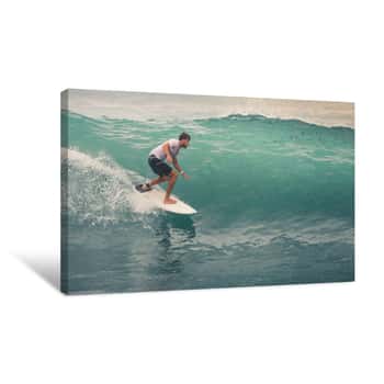 Image of Surfer On Blue Ocean Wave, Bali, Indonesia  Riding In Tube Canvas Print