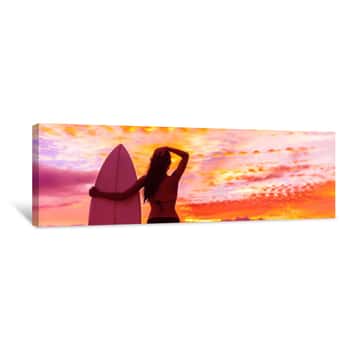 Image of Hawaii Surf Summer Vacation Lifestyle  Silhouette Of Surfer Woman At Sunset With Surfboard On Beach  Banner Panorama Canvas Print