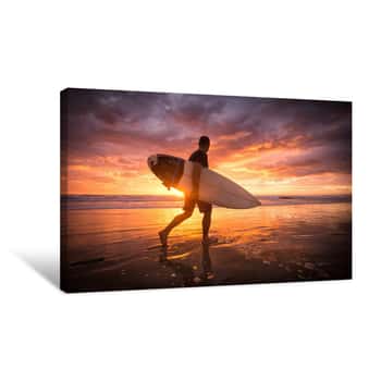 Image of Surfer Running On The Beach Ar Sunset Or Sunrise Canvas Print