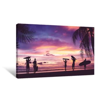 Image of Silhouette Of Surfer People Carrying Surfboard Canvas Print