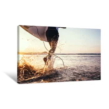 Image of Closeup Image Water Splashes From Surfer\'s Legs Run In Ocean With Surfboard Canvas Print