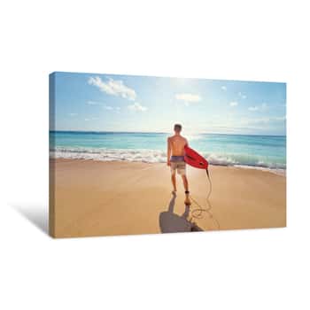 Image of It\'s Time For Surfing! Young Man Holding Surf Board On The Sea Shore Canvas Print