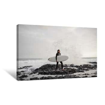 Image of Brunette Guy Standing With A Surf In His Hands On The Shore On The Day Canvas Print