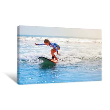 Image of Happy Baby Girl - Young Surfer Ride On Surfboard With Fun On Sea Waves  Active Family Lifestyle, Kids Outdoor Water Sport Lessons And Swimming Activity In Surf Camp  Beach Summer Vacation With Child Canvas Print
