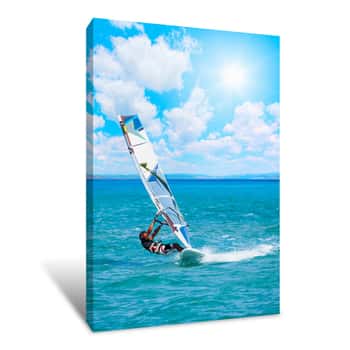 Image of Beautiful Cloudy Sky With Windsurfer Surfing The Wind On Waves - Alacati, Izmir Canvas Print