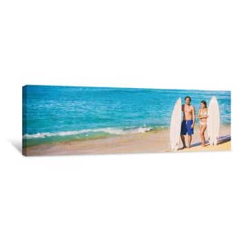 Image of Beach Surfing Vacation Banner Surfers People Fitness Lifestyle Couple With Surfboards Ready To Surf On Blue Ocean Background  Summer Travel Holidays Canvas Print