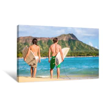 Image of Hawaii Surfers People Relaxing On Waikiki Beach With Surfboards Looking At Waves In Honolulu, Hawaii  Healthy Active Lifestyle Fitness Couple At Sunset With Diamond Head Mountain In The Background Canvas Print