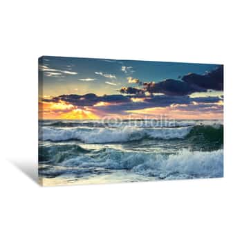 Image of Beautiful Sunrise Over The Sea With Crashing Waves Canvas Print