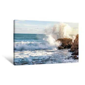 Image of Ocean Waves Break Against The Rocks, Portugal, Beautiful Nature Landscape Canvas Print