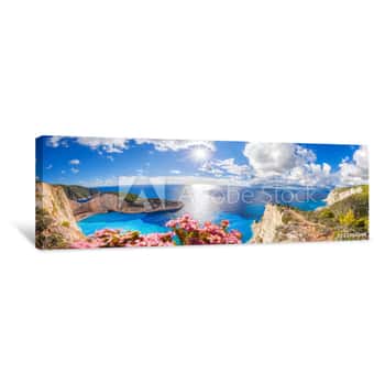 Image of Navagio Beach With Shipwreck And Flowers On Zakynthos Island In Greece Canvas Print