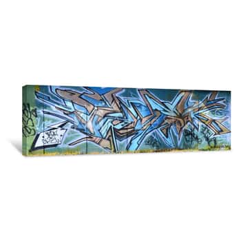 Image of The Old Wall, Painted In Color Graffiti Drawing Blue Aerosol Paints  Background Image On The Theme Of Drawing Graffiti And Street Art Canvas Print