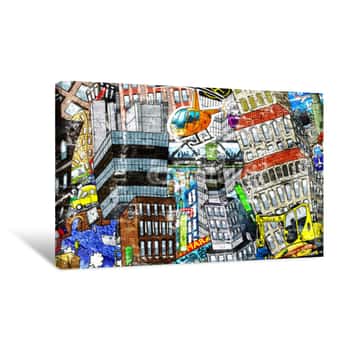 Image of City, An Illustration Of A Large Collage, With Houses, Cars And People Canvas Print