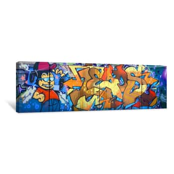 Image of Street Art  Abstract Background Image Of A Full Completed Graffiti Painting In Beige And Orange Tones With Cartoon Character Canvas Print