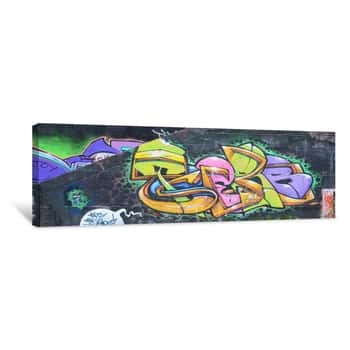Image of Fragment Of Graffiti Drawings  The Old Wall Decorated With Paint Stains In The Style Of Street Art Culture  Multicolored Background Texture Canvas Print