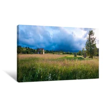 Image of Rural Landscape With Haystacks In A Summer Sunny Day  Rural Mountain Landscape With Storm Clouds  Thunderstom Under Field  House In The Field Of Wheat Canvas Print