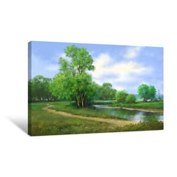 Image of Paintings  Rural Landscape  Fine Art, River, Trees, Road Canvas Print
