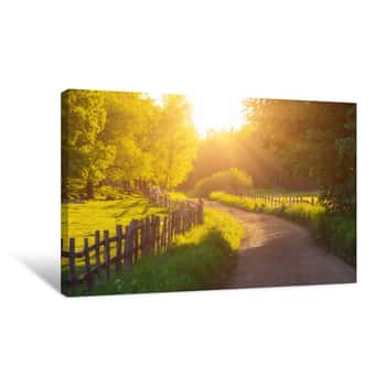Image of Rural Sweden Summer Sunny Landscape With Road, Green Trees And Wooden Fence  Adventure Scandinavian Hipster Concept Canvas Print